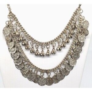 Silver Tone Belly Dance Necklace Coin Discs Ghungroo Bell Charms Boho Vintage